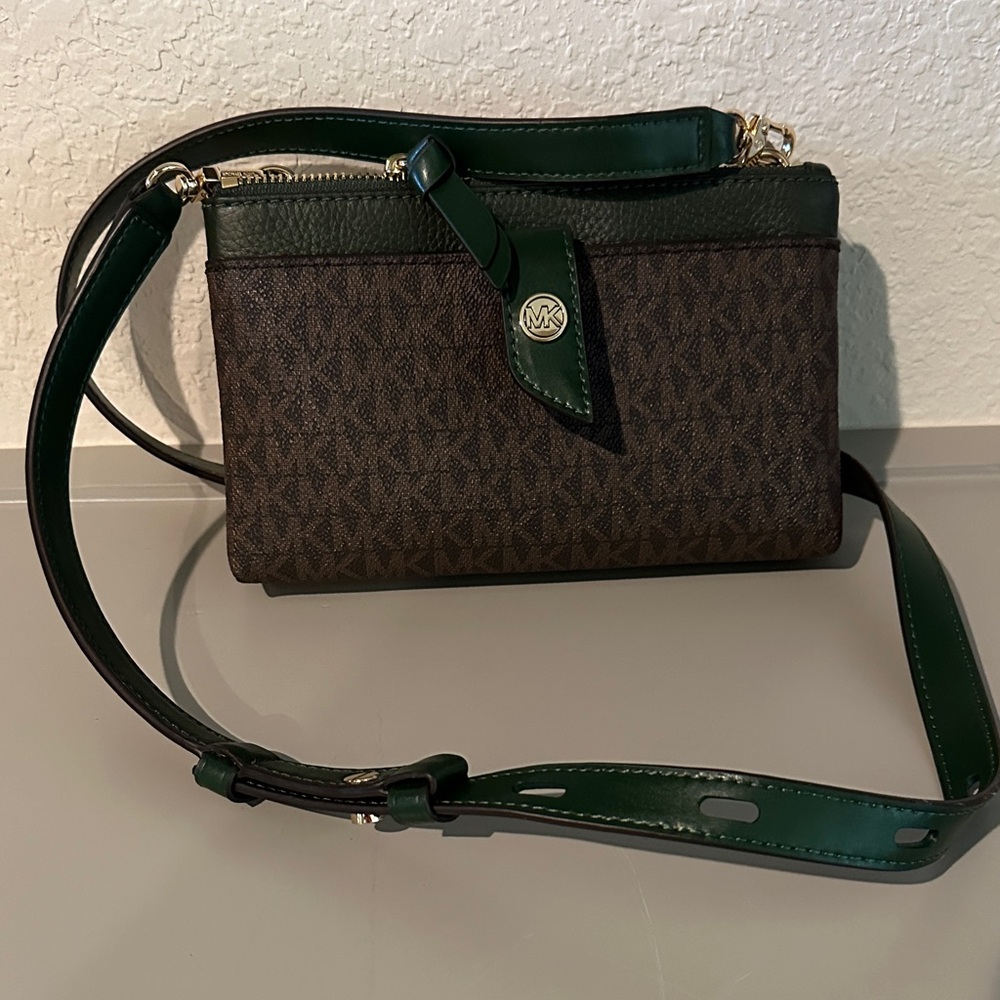 Michael Kors Dark Brown and Forest Green Crossbody Bag
